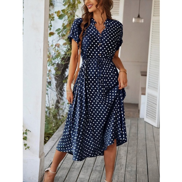 Navy Blue Polka Dot Dress Midi Drawstring Ties Short Sleeve - Picture 1 of 7